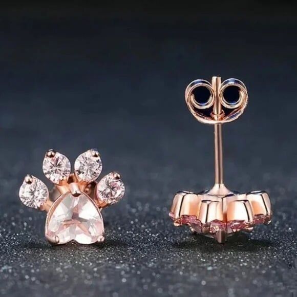 Paw Print Stud Earrings Pink Zircon Rose Gold Tone, NWOT - Picture 1 of 3